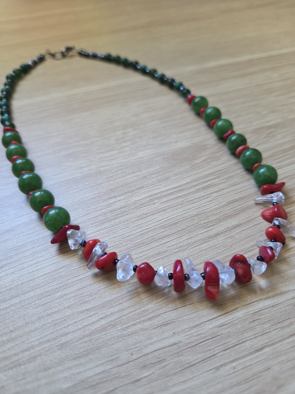 Handmade Green and Red Beaded Necklace with Clear Accents